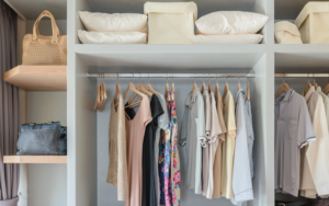 A well-organized closet, with woman's bags, woman's clothing, man's clothing, and pillows