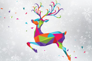 Colorful deer leaping in the air with snow background