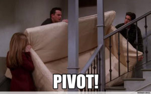 Ross, Chandler and Rachel from 'Friends' moving a couch up the stairs.