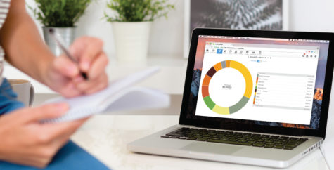 Money Budgeting chart on laptop with a person writing numbers down