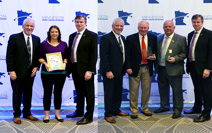 Pictured in left photo are: Minnesota Credit Union Network Board of Directors Chair Dan Stoltz, Kim Peterson and Minnesota Credit Union Network Board of Directors Chair President and CEO Mark Cummins. Pictured in right photo are: Minnesota Credit Union Network Board of Directors Chair Dan Stoltz, former Members Cooperative Credit Union President and CEO Del Prevost, Dick Nesvold and Minnesota Credit Union Network President and CEO Mark Cummins.