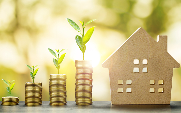 Four stacks of pennies, getting taller as they move to the right. Little buds of a plant are on top of them with a small cardboard house on the right. The sun is shining in the background