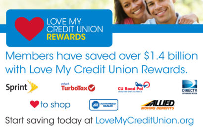 A banner says "I love my credit union" with logos for Turbo Tax, Allied Movers and more