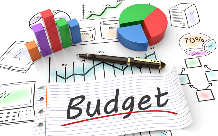 graphs and pie charts scattered around a piece of paper that says budget