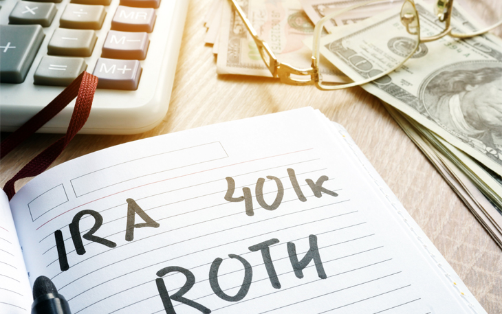 Written on a notebook page are the words IRA, 401k and Roth. To the left is a calculator, to the right is cash.